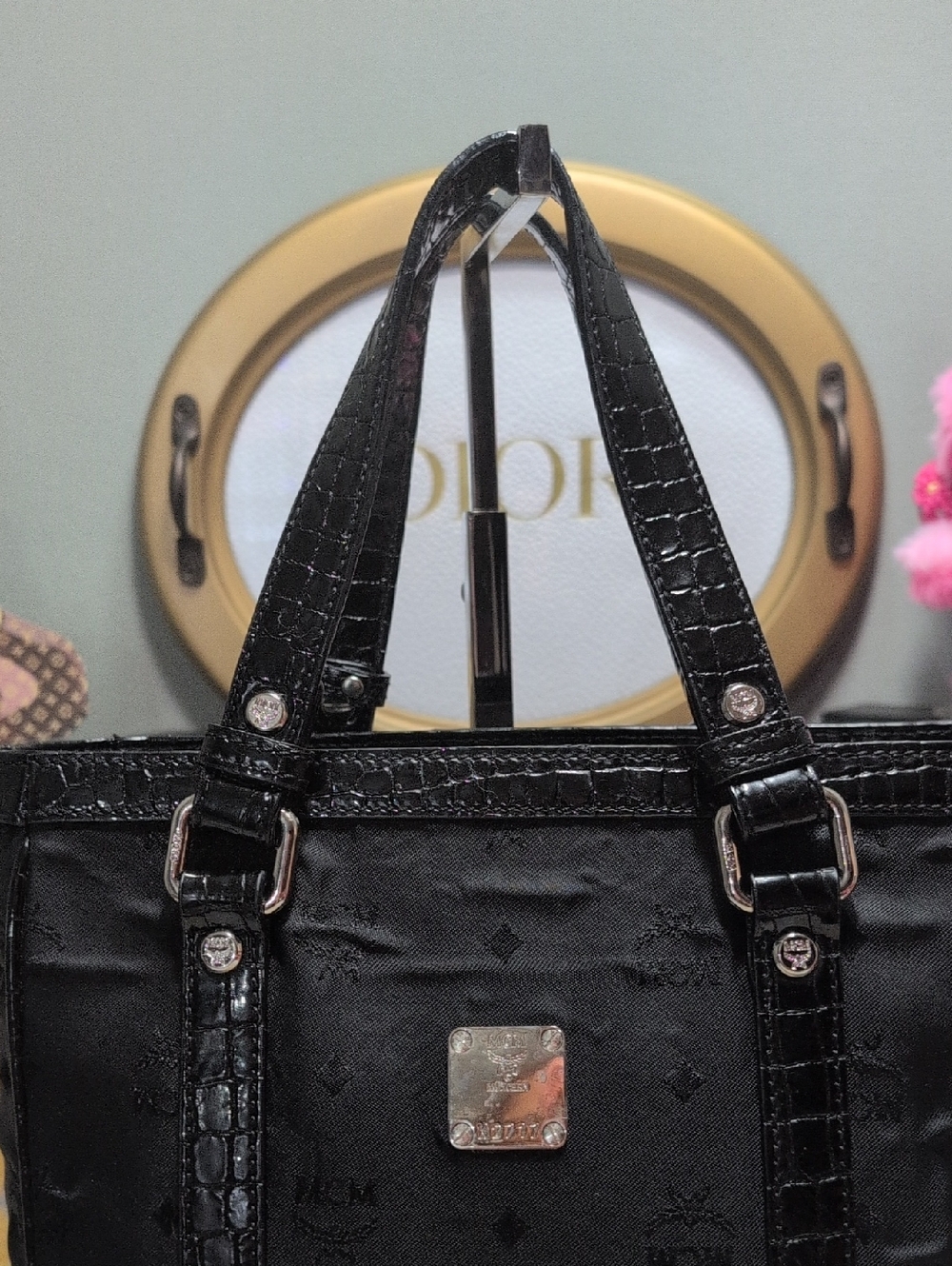 MCM Black Nylon Signature Monogram & Patent Leather Croc Embossed Trim Tote NEW - Picture 5 of 17